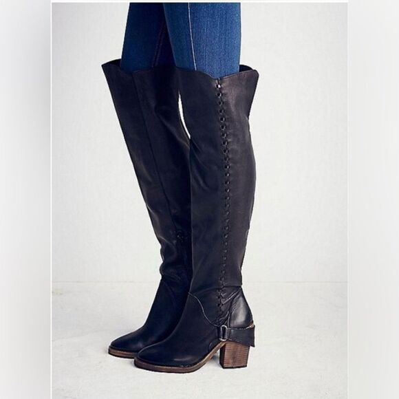 Free People Auburn Black Leather Over the Knee Whipstitch Round Toe Boots, Sz 39 - Picture 1 of 5